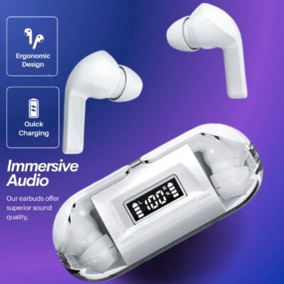 FTW 375 Wireless Earphone | True Wireless Earbuds LED Display | Crystal Transparent Earbuds | Bluetooth-Compatible 5.2 Hands-free Earbuds | Touch Control Earbuds – Loud Earpods